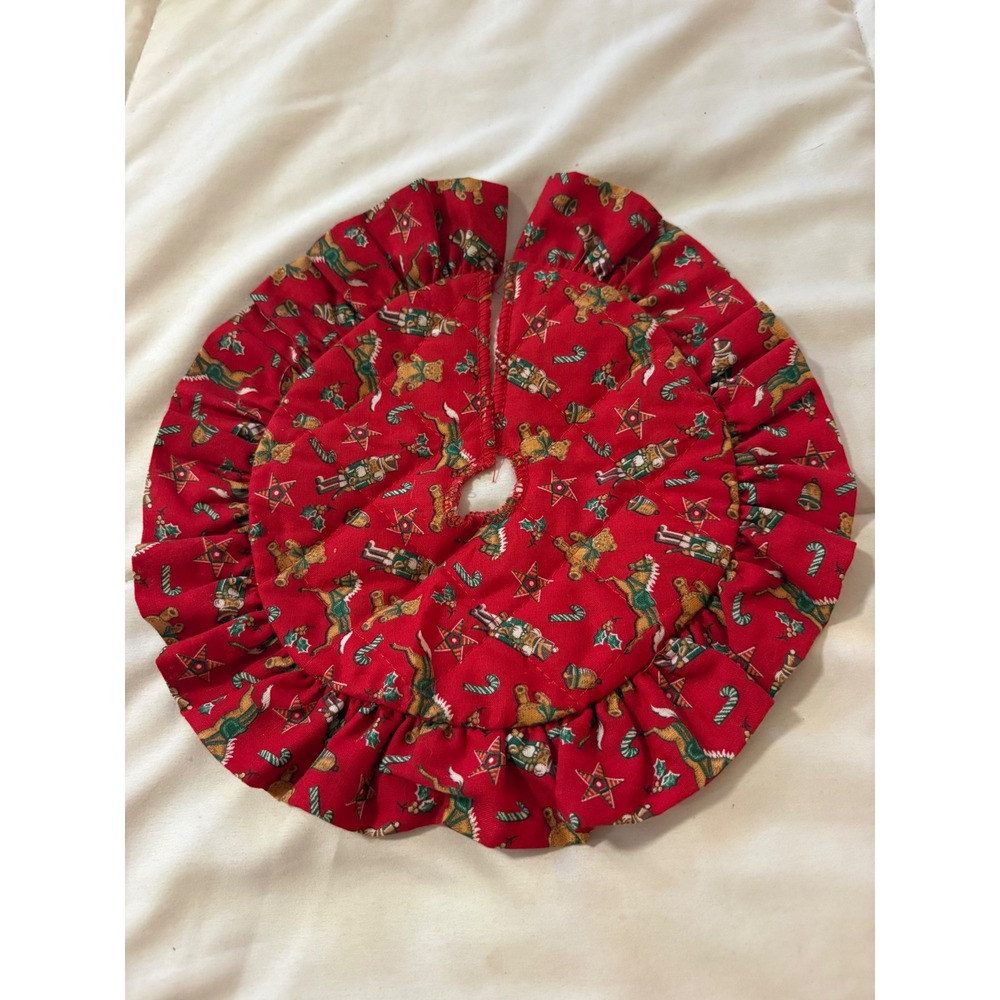 Mini Christmas Tree Skirt 10 Inch Quilted Red Nutcracker Teddy Bear Ruffle Small